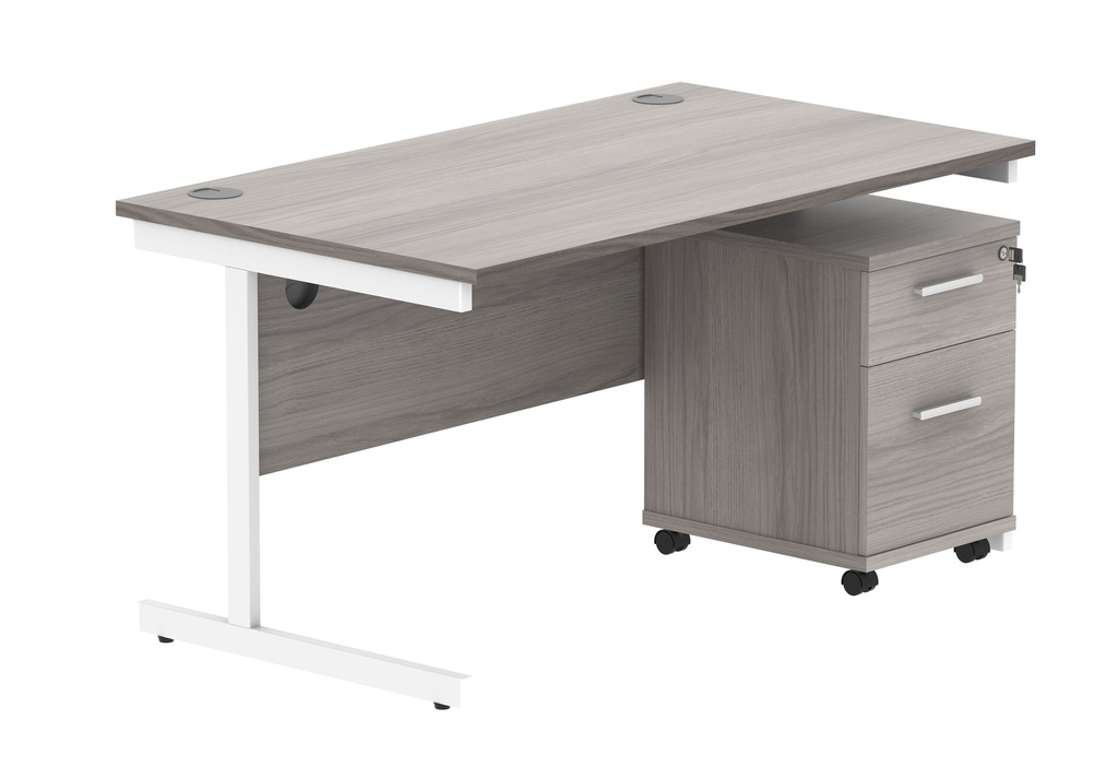 Single Upright Rectangular Desk + 2 Drawer Mobile Under Desk Pedestal (FSC) | 1400 X 800 | Alaskan Grey Oak/White